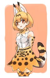 Rule 34 | 10s, 1girl, absurdres, animal ears, bare shoulders, belt, blonde hair, bow, bowtie, commentary, cowboy shot, elbow gloves, gloves, high-waist skirt, highres, kemono friends, multicolored hair, omnisucker, serval (kemono friends), serval tail, short hair, skirt, sleeveless, solo, tail, thighhighs, zettai ryouiki
