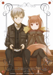 Rule 34 | 1boy, 1girl, absurdres, animal ears, ayakura juu, black eyes, brown hair, couple, craft lawrence, fox, hetero, highres, holo, long hair, official art, poncho, pouch, red eyes, scan, short hair, silver hair, sitting, smile, spice and wolf, tail, wolf ears, wolf tail
