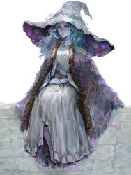 Rule 34 | 1girl, blue eyes, blue hair, blue skin, cape, cloak, closed mouth, colored skin, cracked skin, doll joints, dress, elden ring, extra arms, extra faces, fur cape, fur cloak, hat, highres, joints, large hat, long hair, long sleeves, looking at viewer, one eye closed, oreki genya, own hands together, ranni the witch, sitting, smile, solo, witch hat