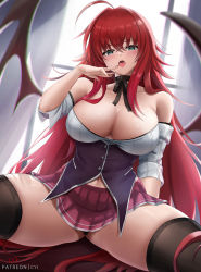 Rule 34 | 1girl, bare shoulders, black thighhighs, breasts, choker, cleavage, collar, cyicheng, demon girl, demon wings, finger to mouth, green eyes, high school dxd, large breasts, long hair, looking at viewer, naughty face, navel, open mouth, panties, panty peek, red hair, rias gremory, see-through, skirt, solo, spread legs, thick thighs, thighhighs, thighs, tongue, tongue out, underwear, wet, wet clothes, wings