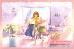 Rule 34 | ahoge, barefoot, bed, brown eyes, brown hair, chair, changing clothes, character request, cherry blossoms, clothes hanger, day, denim, desk, goroku, highres, indoors, lamp, official art, open window, petals, plant, ribbed sweater, short hair, shorts, skirt, smile, standing, sweater, tree, vocaloid, wind, window, wooden floor, yellow sweater