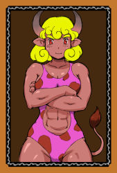 Rule 34 | 1girl, abs, bad id, bad pixiv id, blonde hair, caracol, cow girl, crossed arms, horns, looking at viewer, monster girl, muscular, navel, red eyes, short hair, smile, solo, standing, tail