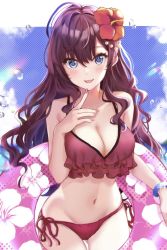 Rule 34 | 1girl, :p, ahoge, bare shoulders, bikini, blue eyes, blush, breasts, brown hair, cleavage, collarbone, fingernails, flower, frilled swimsuit, frills, gluteal fold, hair flower, hair ornament, hamu (plot sy), hibiscus, highres, ichinose shiki, idolmaster, idolmaster cinderella girls, innertube, jewelry, large breasts, long hair, looking at viewer, nail polish, navel, pink nails, red bikini, red flower, side-tie bikini bottom, smile, solo, standing, stomach, swim ring, swimsuit, thigh gap, tongue, tongue out, water, wavy hair