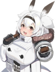 Rule 34 | 1girl, :3, alvis (last origin), black gloves, breasts, candy, candy bar, chocolate, chocolate bar, food, fur jacket, gloves, hair between eyes, hairband, highres, holding, holding candy, holding food, jacket, jam (nandade), large breasts, last origin, open mouth, oppai loli, red eyes, simple background, snickers (brand), solo, two side up, white background, white hair