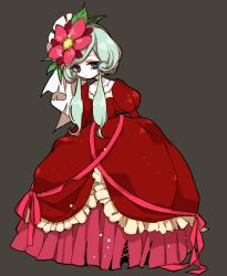 Rule 34 | 1girl, arms behind back, closed mouth, dress, empty eyes, flower, full body, green hair, grey background, hair flower, hair ornament, juliet sleeves, leaf, long dress, long sleeves, looking at viewer, low twintails, mamaloni, original, puffy sleeves, purple eyes, red dress, red flower, simple background, solo, standing, twintails