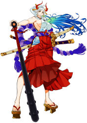 Rule 34 | 1girl, ahoge, alternate breast size, arm at side, armpits, bare arms, bare shoulders, blue hair, breasts, closed mouth, club, club (weapon), commentary request, curled horns, earrings, fingernails, floating hair, full body, geta, green hair, hair ornament, hair stick, hakama, hakama pants, hanzaki jirou, high ponytail, highres, hip vent, horns, huge breasts, japanese clothes, jewelry, kanabou, kimono, legs apart, long hair, looking at viewer, multicolored hair, multicolored horns, one piece, oni, orange horns, outstretched arm, pants, red horns, rope, scabbard, serious, sheath, sheathed, shimenawa, sideboob, simple background, sleeveless, sleeveless kimono, solo, standing, sword, toenails, toes, very long hair, weapon, white background, white hair, wind, yamato (one piece), yellow eyes