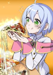 1girl absurdres ayla_lawrence blue_hair blush_stickers breasts cheese cheese_trail closed_mouth flying_sweatdrops food from_side green_eyes hair_between_eyes hazure_skill_&quot;kinomi_master&quot;:_skill_no_mi_(tabetara_shinu)_wo_mugen_ni_taberareru_you_ni_natta_ken_nitsuite highres holding holding_food holding_pizza jacket licking_lips looking_at_object medium_hair orange_background pink_wrist_cuffs pizza simple_background sitting small_breasts smile solo table tomokoeshi tongue tongue_out white_jacket wrist_cuffs