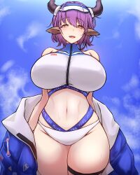 Rule 34 | 1girl, :d, absurdres, animal ears, arknights, bare shoulders, bikini, blue sky, breasts, cloud, commentary request, cowboy shot, day, hair between eyes, highres, horns, huge breasts, looking at viewer, navel, official alternate costume, open mouth, purple hair, rikuguma, short hair, sideroca (arknights), sideroca (light breeze) (arknights), sky, smile, solo, standing, stomach, swimsuit, thick thighs, thigh strap, thighs, white bikini, yellow eyes