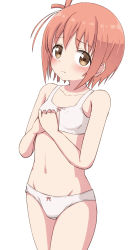 Rule 34 | 1girl, bare arms, bare shoulders, blush, bow, bow bra, bow panties, bra, breasts, brown eyes, brown hair, closed mouth, collarbone, groin, hands up, highres, ichinose hana, looking at viewer, navel, own hands together, panties, simple background, slow start, small breasts, solo, takasuma hiro, underwear, underwear only, white background, white bra, white panties