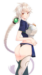 Rule 34 | 10s, 1girl, ass, blue shirt, braid, breasts, cloud print, crop top, from side, green thighhighs, hair ornament, hand on own chest, jitome, kantai collection, large breasts, long hair, looking at viewer, midriff, nueco, orange eyes, shirt, silver hair, simple background, single braid, solo, thighhighs, thighs, thong, unryuu (kancolle), very long hair, wavy hair, white background