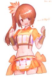 Rule 34 | 1girl, :d, bare arms, belt, bow, breasts, brown eyes, brown hair, clenched hands, cowboy shot, crop top, cropped legs, dot nose, earrings, facing viewer, hands up, happy, head tilt, hip bones, jewelry, magia record: mahou shoujo madoka magica gaiden, mahou shoujo madoka magica, midriff, navel, open mouth, orange bow, orange skirt, orange theme, paru rari, side ponytail, sidelocks, simple background, skirt, small breasts, smile, solo, soul gem, thighs, twitter username, waist bow, white background, wide sleeves, wristband, yui tsuruno