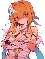 Rule 34 | ..., 1girl, bare shoulders, black gloves, blonde hair, breasts, cleavage, closed mouth, crossed arms, detached sleeves, dress, feather hair ornament, feathers, fingerless gloves, flower, genshin impact, gloves, hair flower, hair ornament, highres, large breasts, looking at viewer, lumine (genshin impact), otintin, romper, short hair with long locks, sidelocks, simple background, solo, spoken ellipsis, steam, sweat, upper body, white background, white dress, white flower, white romper, yellow eyes