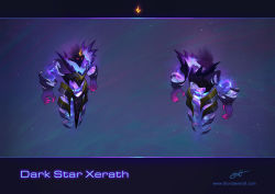 Rule 34 | 1boy, alternate costume, armor, character name, claws, from behind, glowing, league of legends, magic, male focus, multiple views, pink eyes, signature, space, thorsten erdt, watermark, web address, xerath