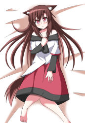 Rule 34 | 1girl, animal ear fluff, animal ears, bare shoulders, bed, black shawl, blush, breasts, brown hair, collarbone, dress, feet, frown, hand on own chest, imaizumi kagerou, long hair, looking at viewer, lying, red eyes, red skirt, shawl, skirt, small breasts, tail, touhou, very long hair, white dress, wolf ears, wolf tail, yogiri (dosumefd5)