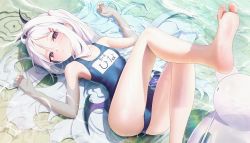 Rule 34 | 1girl, aya (lezon), bare arms, bare legs, barefoot, blue archive, blue one-piece swimsuit, eyes visible through hair, feet, foreshortening, hair between eyes, hair ornament, hairclip, highres, hina (blue archive), hina (swimsuit) (blue archive), horns, leg up, long hair, low wings, lying, name tag, on back, one-piece swimsuit, parted bangs, purple eyes, school swimsuit, soles, solo, swimsuit, toes, very long hair, water, white hair, wings