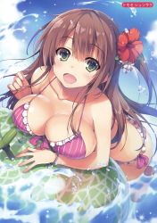 Rule 34 | 1girl, :d, absurdres, beach, bikini, blue sky, breasts, brown hair, cleavage, cloud, cloudy sky, collarbone, day, flower, frills, front-tie bikini top, front-tie top, green eyes, hair between eyes, hair flower, hair ornament, halterneck, hibiscus, highres, inflatable toy, large breasts, leaning forward, long hair, looking at viewer, melonbooks, ocean, open mouth, original, outdoors, red flower, sky, smile, solo, swimsuit, tomose shunsaku, tsurime, two side up, wading