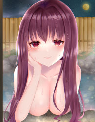 Rule 34 | absurdres, arm support, bath, bathing, breasts, cleavage, collarbone, fate/grand order, fate (series), full moon, hair intakes, highres, large breasts, long hair, looking at viewer, moon, night, night sky, nude, onsen, outdoors, partially submerged, purple hair, red eyes, rock, scathach (fate), scathach (fate), sky, smile, solo, steam, takemochi, water, wet