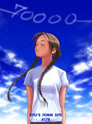 Rule 34 | arms at sides, braid, brown hair, contrail, day, eyelashes, long hair, milestone celebration, ryu (ryu&#039;s form site), solo, tagme, twin braids, twintails