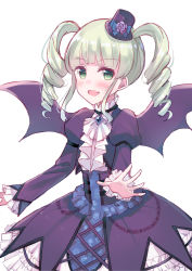 Rule 34 | 1girl, :d, aikatsu!, aikatsu! (series), ascot, bat wings, black wings, blue flower, blunt bangs, blush, brooch, chain, cowboy shot, dress, drill hair, fang, floral print, flower, frilled dress, frilled sleeves, frills, gothic lolita, green eyes, green hair, hand up, hat, hat flower, highres, jacket, jewelry, juliet sleeves, lolita fashion, long hair, long sleeves, looking at viewer, makiaato, mini hat, mini top hat, nail polish, open mouth, outstretched arm, puffy sleeves, purple dress, purple flower, purple hat, purple jacket, purple rose, purple wings, rose, rose print, sidelocks, simple background, smile, solo, standing, tilted headwear, todo yurika, top hat, twin drills, twintails, v-shaped eyebrows, white ascot, white background, white hair, wings
