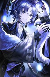 Rule 34 | 1boy, animal, black choker, black jacket, black kimono, black sash, black sweater, blue eyes, cat, choker, clothed animal, commentary, crescent print, earrings, feather boa, full moon, haori, highres, hitodama, holding, holding animal, holding cat, holostars, jacket, japanese clothes, jewelry, kimono, long hair, looking at viewer, mellowone, minase rio, moon, moon phases, necklace, o-ring, official alternate costume, parted bangs, purple hair, sash, seigaiha, shide, smile, sweater, symbol-only commentary, upper body, virtual youtuber, white cat