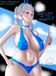 Rule 34 | 2girls, absurdres, alternate breast size, alternate costume, ausoh, bikini, bikini bottom, bikini top, black clover, blush, breasts, choker, cleavage, cloud, crown, deadpan, flat belly, highres, large breasts, looking at viewer, multiple girls, noelle silva, open mouth, presenting, purple eyes, secre swallowtail, silver hair, sketch, breath, sweat, sweatdrop, swimsuit, thick thighs, thighs, twintails, wand, water, water drop, watermark, wide hips