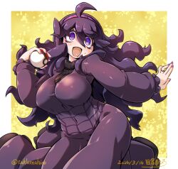 Rule 34 | 1girl, ahoge, artist name, border, breasts, cowboy shot, creatures (company), dated, dress, game freak, hairband, hex maniac (pokemon), holding, holding poke ball, jewelry, large breasts, long hair, long sleeves, messy hair, nintendo, open mouth, poke ball, poke ball (basic), pokemon, pokemon xy, purple dress, purple eyes, purple hair, purple nails, ring, smile, solo, spider web print, standing, sweater, takura mahiro, turtleneck, turtleneck sweater, white border, yellow background