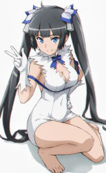 1girl barefoot bell black_hair blue_eyes breasts cleavage cleavage_cutout closed_mouth clothing_cutout commentary dress dungeon_ni_deai_wo_motomeru_no_wa_machigatteiru_darou_ka gloves hair_bell hair_ornament hair_ribbon hand_on_own_hip hestia_(danmachi) long_hair looking_at_viewer medium_breasts microdress on_one_knee rei_no_himo ribbon shadow sleeveless sleeveless_dress smile solo twintails very_long_hair w white_dress white_gloves white_ribbon yara_kami_meiosei