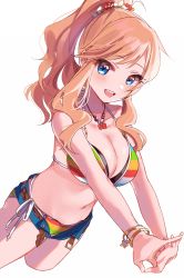 Rule 34 | 1girl, :d, bad id, bad pixiv id, bare arms, bare shoulders, bikini, bikini under clothes, blue eyes, blue shorts, blush, bracelet, breasts, brown hair, cleavage, collarbone, dutch angle, flower, hair flower, hair ornament, idolmaster, idolmaster cinderella girls, idolmaster cinderella girls starlight stage, jewelry, large breasts, looking at viewer, misumi (macaroni), navel, necklace, ohtsuki yui, open mouth, ponytail, short shorts, shorts, simple background, smile, solo, stomach, stretching, striped bikini, striped clothes, swimsuit, white background