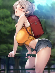 Rule 34 | 1girl, absurdres, alternate costume, arched back, backpack, bag, bare shoulders, belt, black belt, blurry, blurry background, blush, breasts, brown eyes, clothes lift, commentary request, conte di cavour (kancolle), cosplay, denim, denim shorts, duplicate, fingernails, from side, gaki kyonyuu, grey hair, hand on railing, heavy breathing, highres, huge breasts, kantai collection, leaning forward, long fingernails, looking at viewer, midriff, navel, on railing, open clothes, open mouth, open shorts, outdoors, parted bangs, pixel-perfect duplicate, railing, randoseru, sasaki kanna (kaedeko), sasaki kanna (kaedeko) (cosplay), sharp fingernails, shirt, shirt lift, short shorts, shorts, sitting, solo, sweat, tank top, tight clothes, tight shirt, torisan, tree, yellow tank top