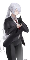 Rule 34 | 1girl, absurdres, ak-15 (erwin) (girls&#039; frontline), ak-15 (girls&#039; frontline), artist name, belt, black belt, black gloves, black jacket, black pants, black suit, blazer, braid, closed mouth, collared shirt, cowboy shot, dress shirt, feet out of frame, formal, french braid, girls&#039; frontline, gloves, hair between eyes, hair over one eye, high-waist pants, highres, jacket, long hair, looking away, necktie, official alternate costume, pants, parted bangs, ponytail, purple eyes, putting on gloves, red necktie, saturndxy, shirt, shirt tucked in, side braid, silver hair, sleeves rolled up, solo, standing, suit, veins, white background, white shirt