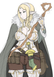 Rule 34 | 1girl, bag, belt, belt pouch, blonde hair, breasts, cape, cleavage, cleavage cutout, clothing cutout, dagger, elf, enoshima iki, fantasy, forehead jewel, fur-trimmed cape, fur trim, gloves, green eyes, hip focus, knife, large breasts, long hair, midriff, pointy ears, pouch, sketch, solo, staff, weapon, wide hips