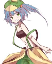 Rule 34 | 1girl, alternate costume, animal hat, bare arms, bare shoulders, black bra, blue hair, bra, collarbone, commentary request, cowboy shot, denim, green eyes, green hat, green pants, grin, hair bobbles, hair ornament, hat, jeans, kawashiro nitori, light blush, long hair, looking at viewer, navel, pants, short twintails, simple background, smile, solo, stomach, strap slip, strapless, strapless bra, suspenders, touhou, twintails, underwear, usamata, white background