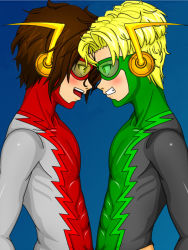 Rule 34 | 2boys, abs, bart allen, blonde hair, blue background, brown hair, clone, dc comics, eye contact, flash (series), goggles, hands on own hips, impulse, inertia, looking at another, male focus, mask, multiple boys, open mouth, profile, simple background, smile, yellow eyes