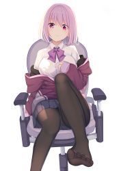 Rule 34 | 1girl, absurdres, black skirt, bow, breasts, brown pantyhose, chair, closed mouth, collared shirt, commentary request, feet, gridman universe, hair between eyes, highres, jacket, large breasts, long sleeves, muq, no shoes, off shoulder, office chair, on chair, open clothes, open jacket, pantyhose, pink hair, pleated skirt, purple bow, purple eyes, purple jacket, shinjou akane, shirt, short hair, simple background, sitting, skirt, sleeves past wrists, smile, soles, solo, ssss.gridman, swivel chair, white background, white shirt