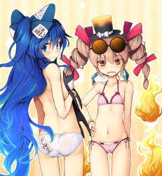 Rule 34 | 2girls, ass, bangle, bare arms, bare shoulders, black hat, blue bow, blue eyes, blue hair, blush, bow, bra, bracelet, brown hair, cameltoe, chima q, collarbone, convenient arm, cowboy shot, crotch seam, debt, drill hair, earrings, embarrassed, eyewear on head, fire, flat chest, gluteal fold, hair between eyes, hair bow, hair ribbon, hand on own hip, hat, hat bow, highres, holding, holding stuffed toy, jewelry, lace, lace-trimmed bra, lace-trimmed panties, lace trim, lingerie, long hair, looking at viewer, looking back, mini hat, mini top hat, multiple girls, navel, open mouth, orange eyes, outline, panties, pink bra, pink panties, puff of air, red ribbon, ribbon, ring, short hair, siblings, side-tie panties, sisters, standing, stomach, striped, striped background, stuffed animal, stuffed cat, stuffed toy, sunglasses, top hat, topless, touhou, twintails, underwear, underwear only, vertical stripes, very long hair, white bow, white outline, white panties, yellow background, yorigami jo&#039;on, yorigami shion