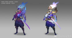 Rule 34 | 1boy, alternate costume, armor, artist name, barefoot, character name, colored skin, full body, glowing, glowing eyes, gradient background, grey background, helmet, horns, katana, league of legends, long hair, male focus, multiple views, pants, purple eyes, purple pants, purple skin, see you, shoulder armor, space print, standing, starry sky print, sword, weapon, white hair, yasuo (league of legends)