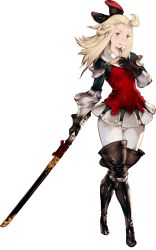 Rule 34 | 1girl, ahoge, armor, armored dress, blue eyes, blush, boots, bow, bravely default: flying fairy, bravely default (series), crossed legs, edea lee, faulds, full body, gauntlets, gloves, grey background, hair bow, highres, katana, light smile, official art, pantyhose, sheath, sheathed, solo, standing, sword, thigh boots, thighhighs, transparent background, watson cross, weapon, white thighhighs, yoshida akihiko