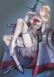Rule 34 | 10s, 1girl, asdj, black panties, blonde hair, blue eyes, blush, braid, crown, dress, flower, french braid, full body, garter straps, hairband, high heels, highres, kantai collection, leg up, long hair, long legs, machinery, mini crown, off-shoulder dress, off shoulder, panties, pantyshot, pinup (style), plantar flexion, red flower, red ribbon, red rose, red soles, ribbon, rose, scepter, unworn shoe, shoes, unworn shoes, single shoe, sitting, smile, solo, thighhighs, throne, torn clothes, underwear, warspite (kancolle), white dress, white thighhighs