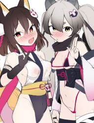 Rule 34 | 2girls, animal ear fluff, animal ears, bandaged leg, bandages, bikini, black gloves, black hair, black thighhighs, blue archive, breasts, brown eyes, brown hair, covered erect nipples, detached sleeves, fang, fox hair ornament, futapi, gloves, gradient hair, grey hair, hair ornament, heart, heart-shaped pupils, highres, izuna (blue archive), japanese clothes, long hair, looking at viewer, medium breasts, michiru (blue archive), micro bikini, multicolored hair, multiple girls, open mouth, partially fingerless gloves, pink scarf, pom pom (clothes), pom pom hair ornament, raccoon hair ornament, scarf, simple background, skin fang, small breasts, sweat, swimsuit, symbol-shaped pupils, tassel, thighhighs