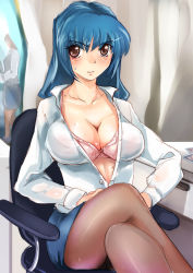Rule 34 | 1girl, angry, blue hair, bra, breasts, brown eyes, chair, cleavage, large breasts, crossed legs, lingerie, long hair, office lady, open clothes, open shirt, original, pantyhose, pencil skirt, see-through, shirt, sitting, skirt, solo, suoni (deeperocean), sweat, underwear