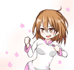 Rule 34 | &gt;:), 1girl, :d, ahoge, breasts, brown eyes, brown hair, clenched hands, commentary request, dot nose, dress, hair between eyes, hands up, i.u.y, light blush, long sleeves, medium breasts, medium hair, messy hair, misaka worst, open mouth, smile, solo, teeth, toaru majutsu no index, toaru majutsu no index: new testament, upper body, upper teeth only, v-shaped eyebrows, vietnamese dress, white background, white dress