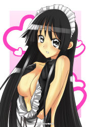 Rule 34 | 00s, 1girl, akiyama mio, black eyes, black hair, blunt bangs, breasts, cleavage, covering privates, covering breasts, female focus, hairband, heart, hime cut, k-on!, long hair, looking at viewer, maid, maid headdress, maisaki, nude, nude cover, solo, tears