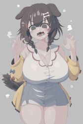 Rule 34 | 1girl, @ @, absurdres, animal ears, blue bow, bone hair ornament, bow, bracelet, braid, breasts, brown hair, claw pose, cleavage, collarbone, cowboy shot, curvy, dog ears, dog girl, dog tail, double-parted bangs, dress, drooling, fangs, gabai, grey background, grey eyes, hair between eyes, hair ornament, hairclip, hands up, heart, highres, hololive, hoso-inu, huge breasts, inugami korone, inugami korone (1st costume), jacket, jewelry, listener (inugami korone), long sleeves, looking at viewer, medium hair, off shoulder, open clothes, open jacket, open mouth, red bow, red bracelet, saliva, short dress, simple background, sleeveless, sleeveless dress, solo, steaming body, tail, teeth, thighs, tongue, twin braids, variant set, virtual youtuber, white dress, yellow jacket
