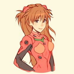 Rule 34 | 1girl, artist name, blue eyes, bodysuit, brown hair, commentary, highres, interface headset, long hair, looking at viewer, neon genesis evangelion, oxcoxa, pilot suit, plugsuit, red bodysuit, simple background, smile, solo, souryuu asuka langley, upper body, white background, wide hips