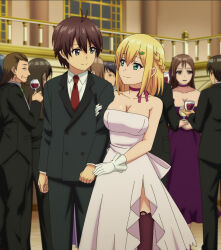 Rule 34 | 1boy, 1girl, alternate costume, alternate hairstyle, arm hug, blonde hair, braid, breasts, brown hair, cleavage, crowd, dress, emma brightness, french braid, gloves, green eyes, grey eyes, happy, highres, large breasts, legs, looking at another, medium hair, necktie, noir (ore dake haireru kakushi dungeon), official alternate costume, ore dake haireru kakushi dungeon, pants, party, short hair, side ponytail, smile, stitched, thighs, third-party edit