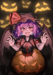Rule 34 | 1girl, :d, absurdres, ailu elf, bat wings, black hat, black shirt, chinese commentary, collared shirt, commentary request, fang, halloween, hat, hat ribbon, highres, mob cap, open mouth, orange skirt, purple hair, red eyes, red ribbon, remilia scarlet, ribbon, shirt, short hair, skin fang, skirt, smile, solo, touhou, wings