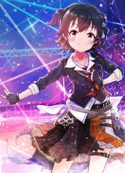 Rule 34 | 1girl, absurdres, akagi miria, axleaki, belt, black gloves, black shirt, blush, bow, bowtie, brown hair, buckle, closed mouth, collarbone, collared shirt, commentary request, cowboy shot, fingerless gloves, gloves, hair between eyes, highres, idol, idol clothes, idolmaster, idolmaster cinderella girls, jewelry, lens flare, light particles, looking at viewer, necklace, plaid, plaid skirt, pleated skirt, red bow, red bowtie, shirt, short hair, sidelocks, skirt, smile, solo, sparkle, stage, stage lights, studded belt, thigh strap, two side up