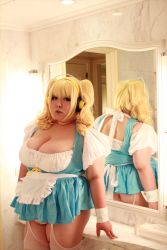 Rule 34 | 1girl, apron, asian, blonde hair, breasts, brown eyes, cosplay, fat, frills, headphones, highres, huge breasts, luu (cosplayer), maid, nitroplus, photo (medium), solo, super pochaco, super pochaco (cosplay), thighhighs, twintails, wrist cuffs