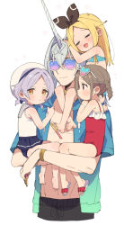 Rule 34 | 1boy, 3girls, ?, ??, age difference, alice (moyori), armpit crease, bare shoulders, barefoot, blonde hair, blue-tinted eyewear, blush, bow, bracelet, brown bow, brown hair, carrying, carrying person, closed eyes, closed mouth, eyelashes, flying sweatdrops, gold bracelet, grey background, grey hair, grey headwear, hair bow, hand on another&#039;s head, hat, heart, heart-shaped eyewear, highres, holding, holding clothes, holding footwear, horns, jewelry, light purple hair, lily (moyori), long hair, looking at another, maare (moyori), moyori, multiple girls, one-piece swimsuit, open mouth, original, parted lips, piggyback, pink-tinted eyewear, purple hair, red eyes, sandals, short hair, simple background, single horn, sitting, sitting on person, smile, sunglasses, sweat, sweatdrop, swimsuit, tinted eyewear, twintails, white-framed eyewear, white horns, yellow eyes
