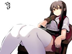 Rule 34 | 10s, 1girl, akagi (kancolle), brown hair, dated, japanese clothes, jewelry, kantai collection, long hair, momo (higanbana and girl), muneate, pleated skirt, ring, signature, sitting, skirt, solo, thighhighs, wedding band, white background, zettai ryouiki